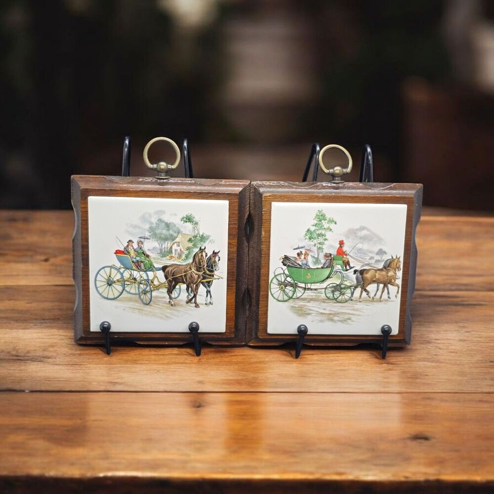Set Of 2 Vtg MCM Villeroy & Boch Painted Tile Trivet Carriage Ride Wooden Hangin